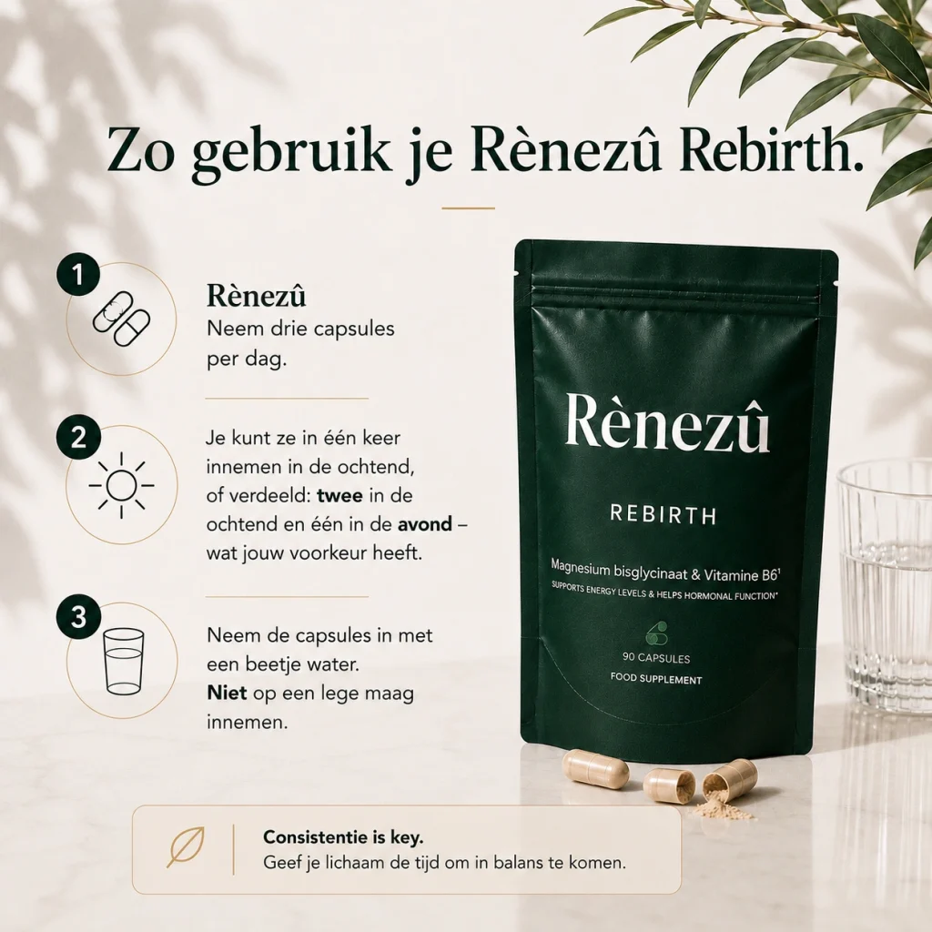 Etiket met ingrediënten en gebruiksadvies van Rènezû REBIRTH